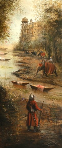 A. Q. Arif, Vigilant, 30 x 72 Inch, Oil On Canvas, Citiscape Painting, AC-AQ-394